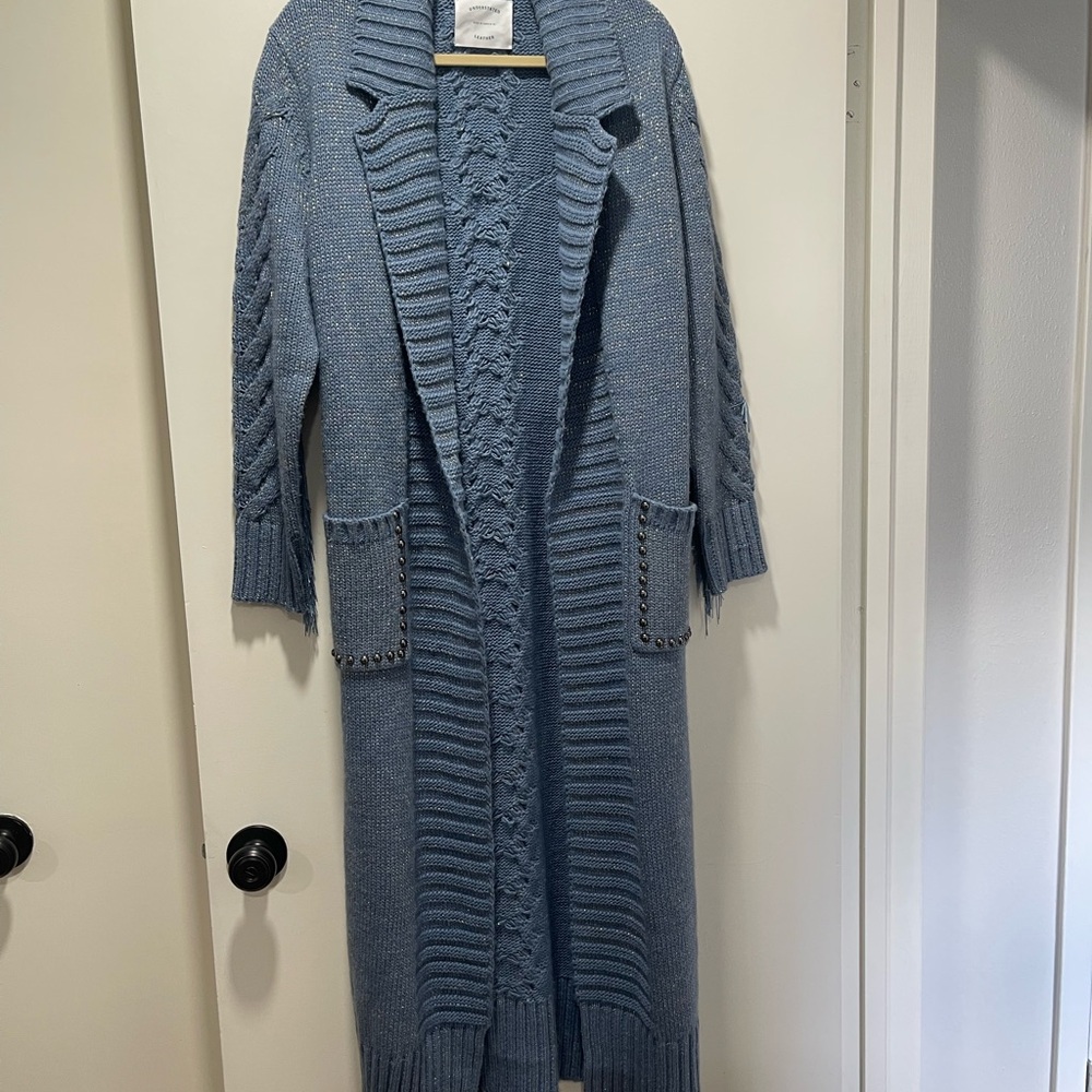 Long Open-Front Knit Cardigan Coatigan in Dusty Blue